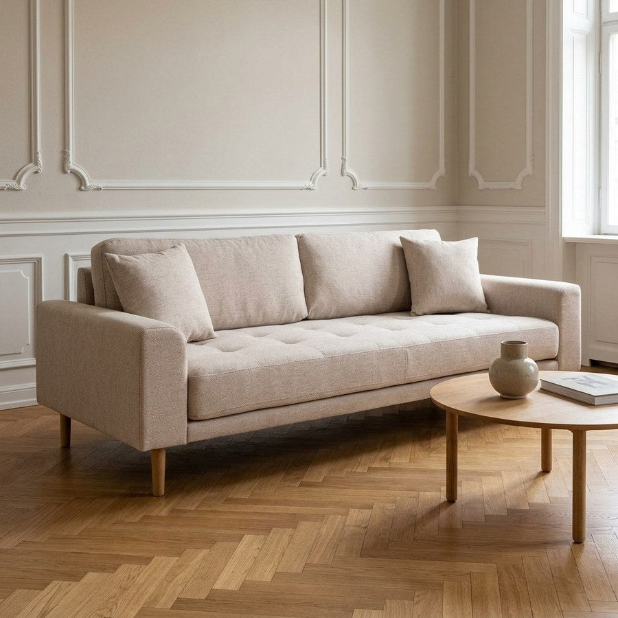 Lido 3 Personers Sofa i Sand Polyester med 2 Puder & Ben i Natur Bøgetræ fra House Nordic | B210xL93xH76 cm