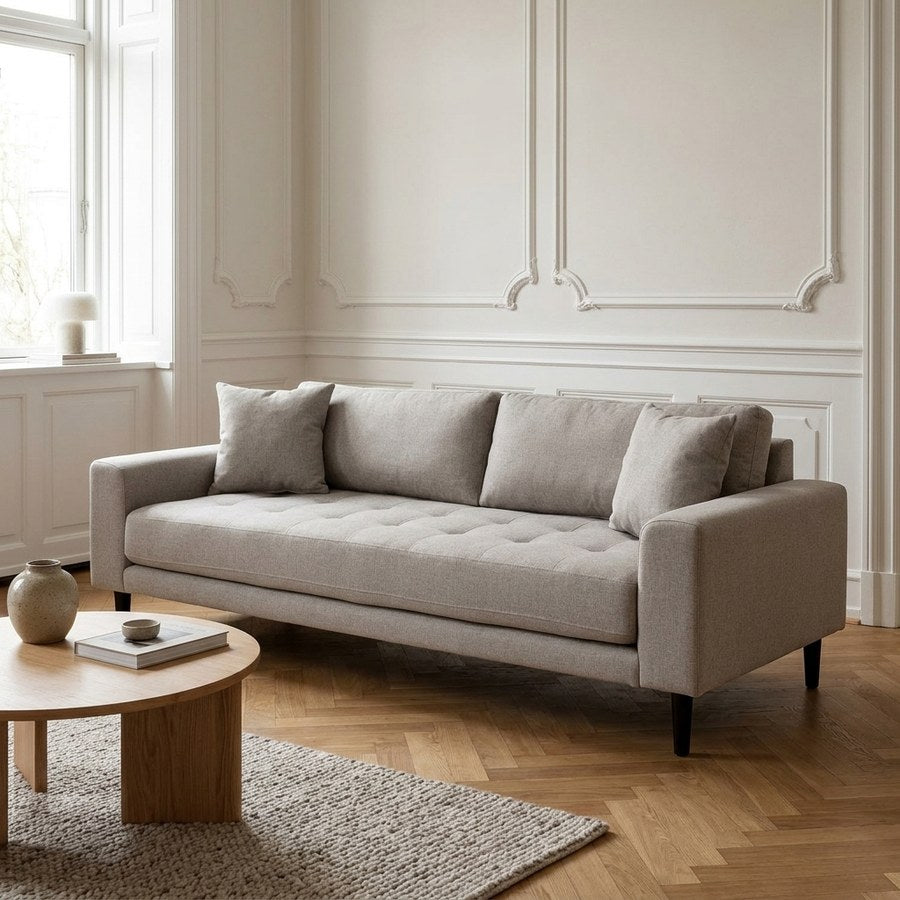 Lido 3 Personers Sofa i Stone Polyester med To Puder & Ben i Sort Bøgetræ fra House Nordic | B210xL93xH76 cm