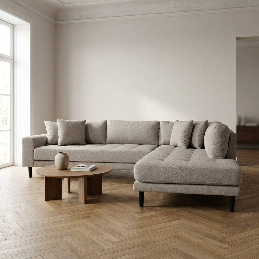 Lido Hjørnesofa Åben Ende Højrevendt i Stone Polyester med Fire Puder & Ben i Sort Træ fra House Nordic | B257xL92-220xH76 cm