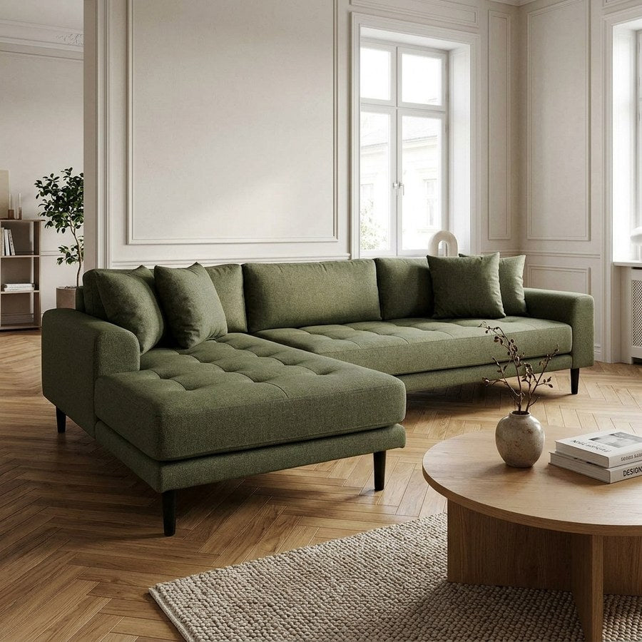 Lido Hjørnesofa Åben Ende Venstrevendt i Olivengrøn Polyester med Fire Puder & Ben i Sort Træ fra House Nordic | Flere Farver