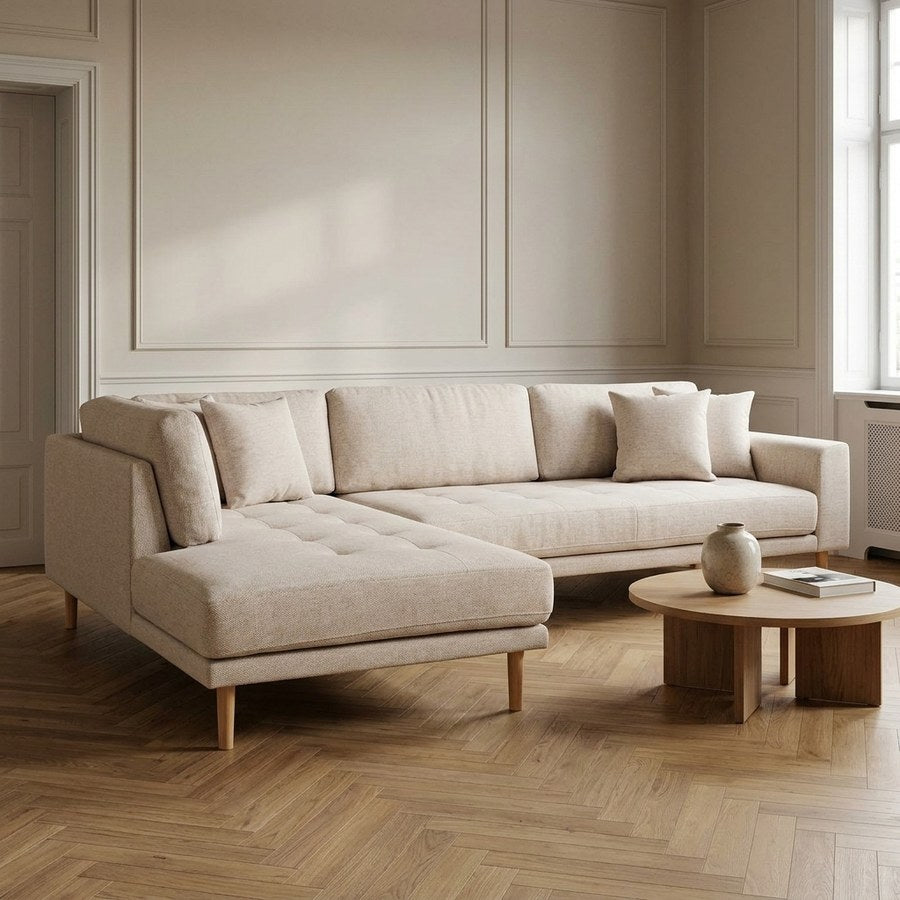 Lido Hjørnesofa Åben Ende Venstrevendt i Sand Polyester & Ben i Natur Træ fra House Nordic | B257xL92-220xH76 cm