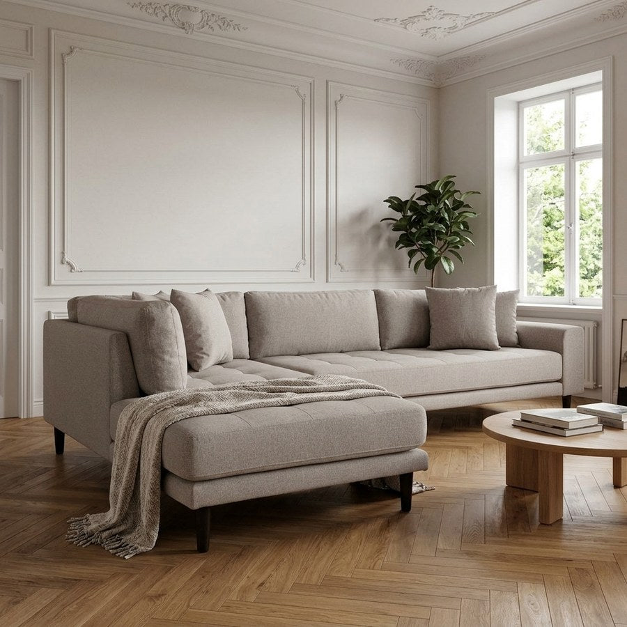 Lido Hjørnesofa Åben Ende Venstrevendt i Stone Polyester med Fire Puder & Ben i Sort Bøgetræ fra House Nordic | B257xL92-220xH76 cm