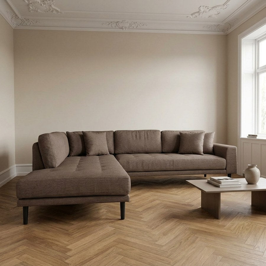 Lido Hjørnesofa med Åben Ende Venstrevendt i Brun Polyester med 4 Puder & Ben i Sort Træ fra House Nordic | B257xL220xH76 cm