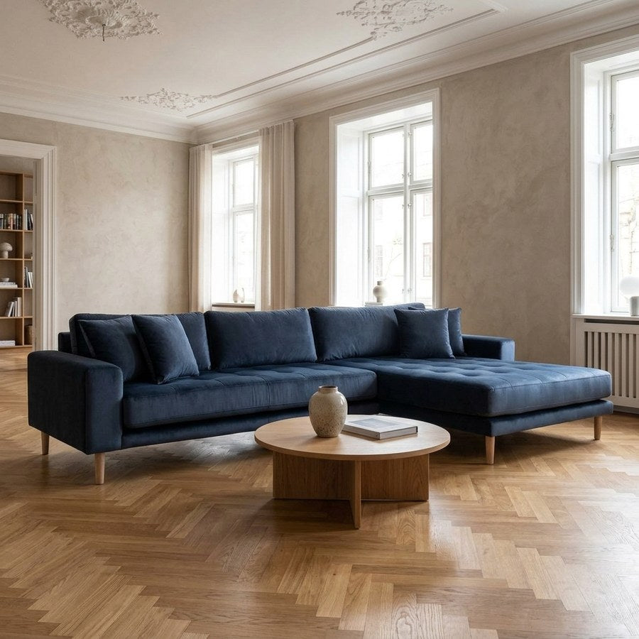 Lido Højrevendt Loungesofa i Mørkeblå Velour med Fire Puder & Ben i Natur Træ fra House Nordic | B290xL170xH76 cm