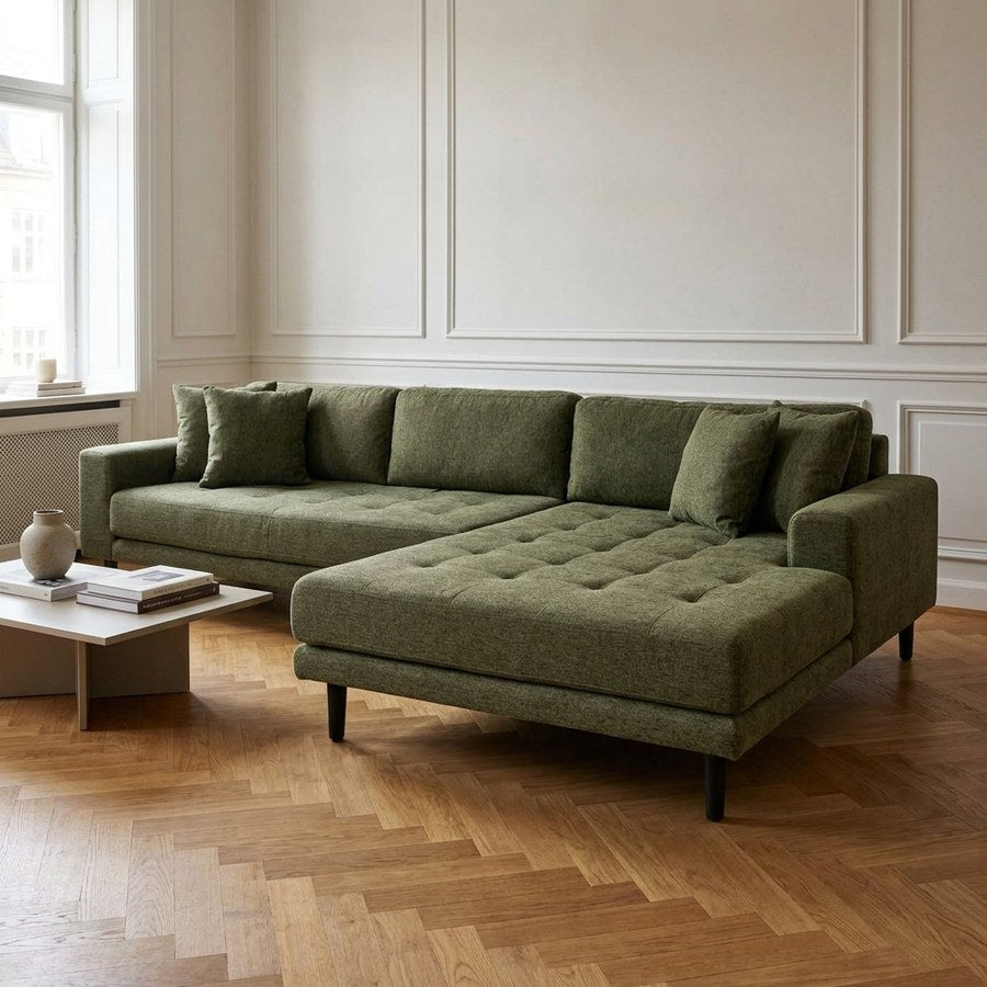 Lido Højrevendt Loungesofa i Olivengrøn Polyester med 4 Puder & Ben i Sort Træ fra House Nordic | B290xL170xH76 cm