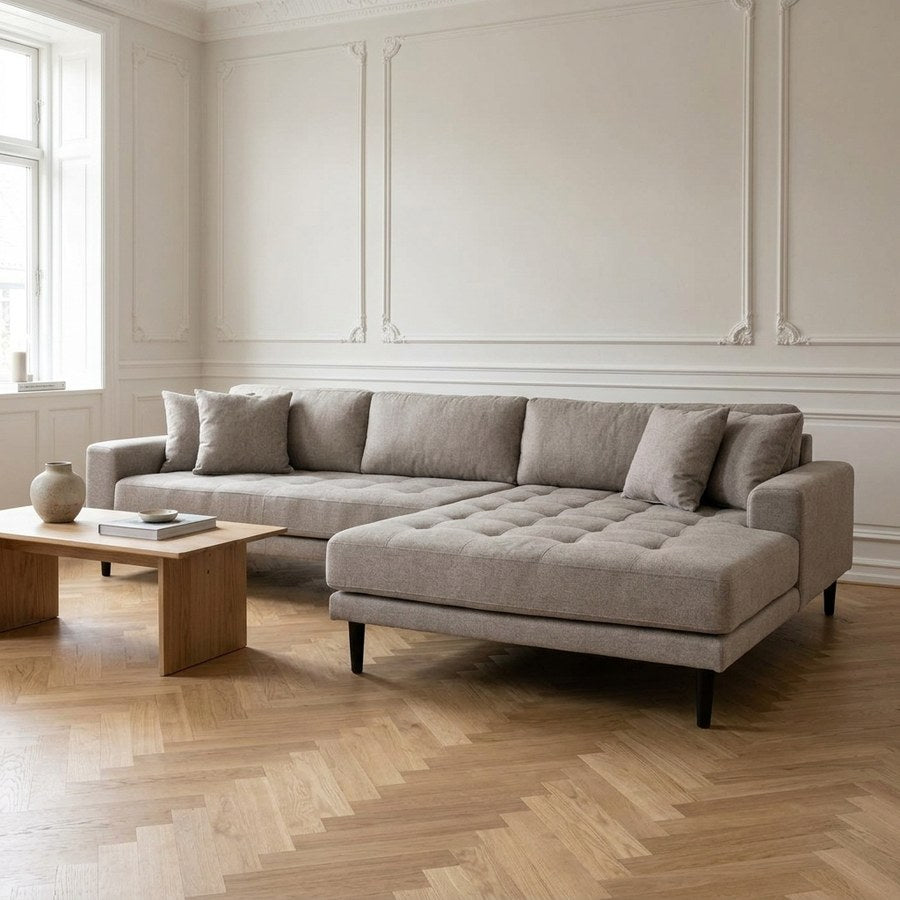 Lido Højrevendt Loungesofa i Stone Polyester med Fire Puder & Ben i Sort Træ fra House Nordic | B290xL170-92xH76 cm
