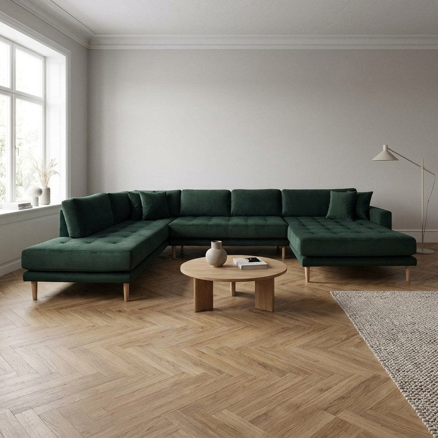 Lido Højrevendt U-Sofa Åben Ende i Mørkegrøn Velour med Fire Puder & Ben i Natur Træ fra House Nordic | B370xL220xH76 cm