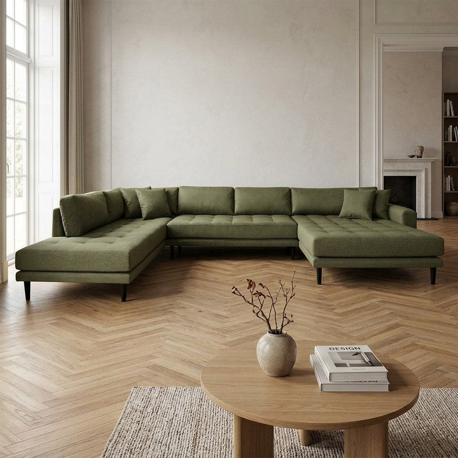 Lido Højrevendt U-Sofa med Åben Ende i Olivengrøn Polyester med 4 Puder & Ben i Sort Træ fra House Nordic | B370xL220xH76 cm