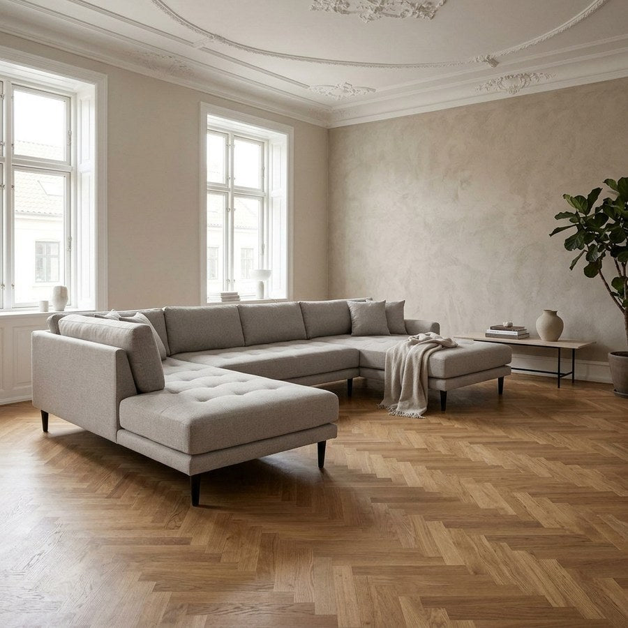 Lido Højrevendt U-Sofa med Åben Ende i Stone Polyester med 4 Puder & Ben i Sort Træ fra House Nordic | B370xL220xH76 cm