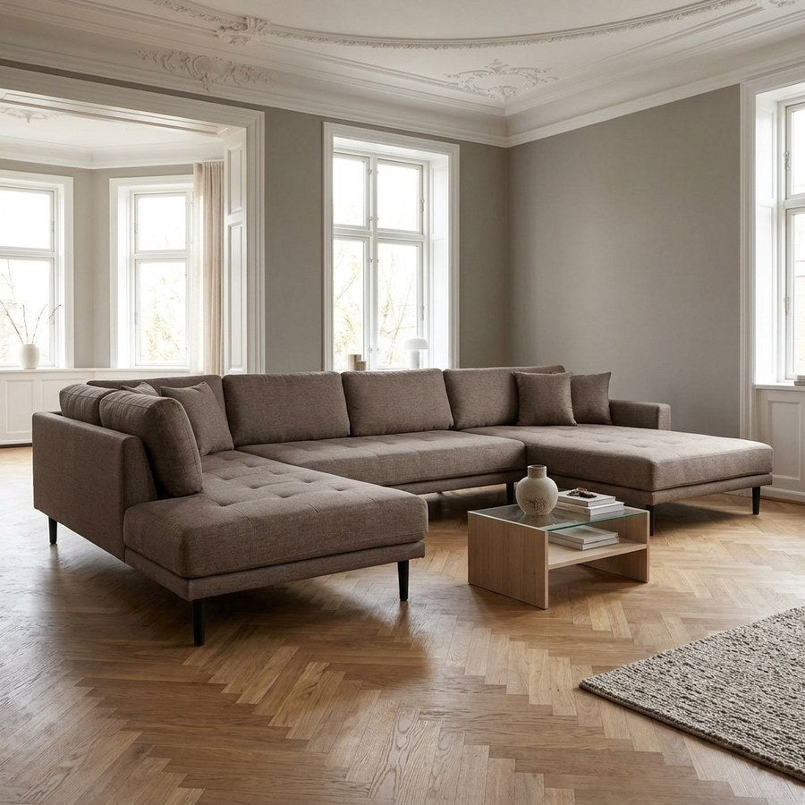 Lido U-Sofa Åben Ende Højrevendt i Brun Polyester med 4 Puder & Ben i Sort Træ fra House Nordic | B370xL220xH76 cm