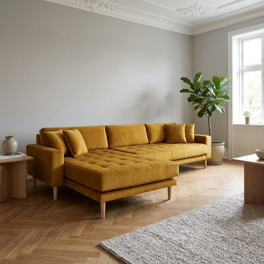 Lido U-Sofa Åben Ende Venstrevendt i Sennepsgul Velour med 4 Puder & Ben i Natur Bøgetræ fra House Nordic | B370xL220xH76 cm