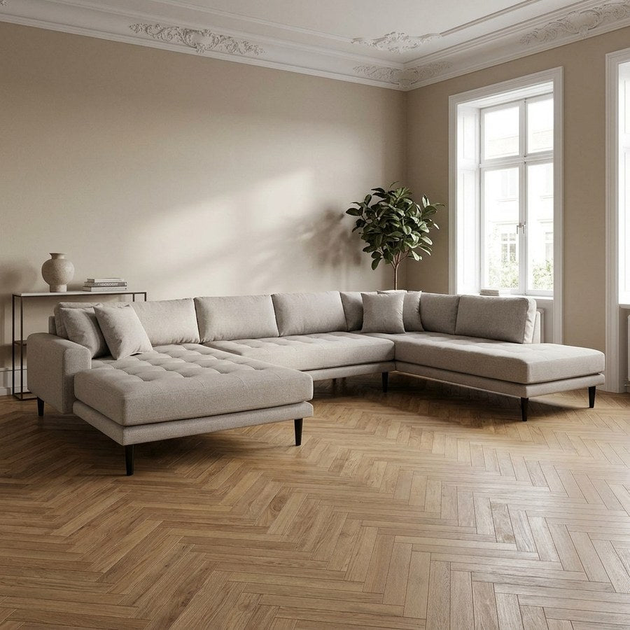 Lido U-Sofa Åben Ende Venstrevendt i Stone Polyester med 4 Puder & Ben i Sort Træ fra House Nordic | B370xL220xH76 cm