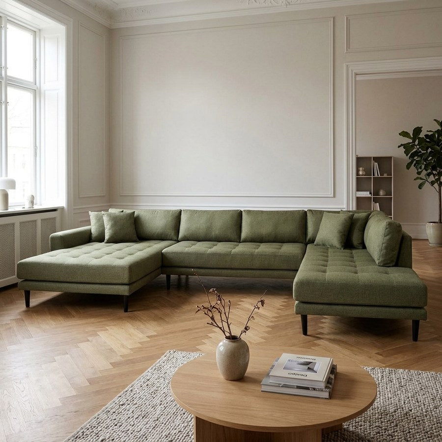 Lido U-Sofa med Åben Ende Venstrevendt i Olivengrøn Polyester med Fire Puder & Ben i Sort Træ fra House Nordic | B370xL220xH76 cm
