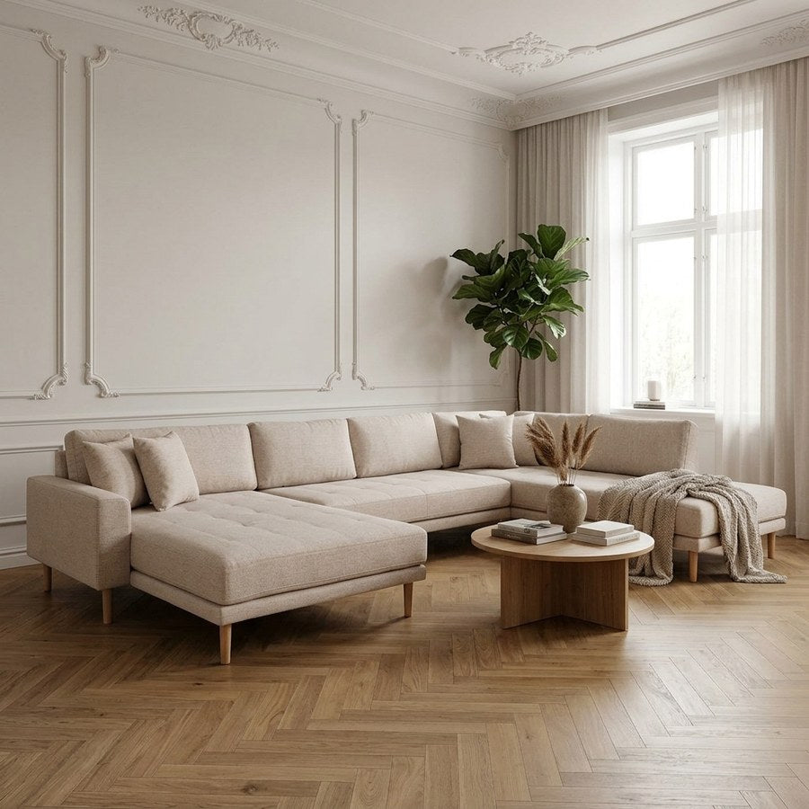 Lido U-Sofa Open End Venstrevendt i Sand Polyester med 4 Puder & Ben i Natur Træ fra House Nordic | B370xL220xH76 cm