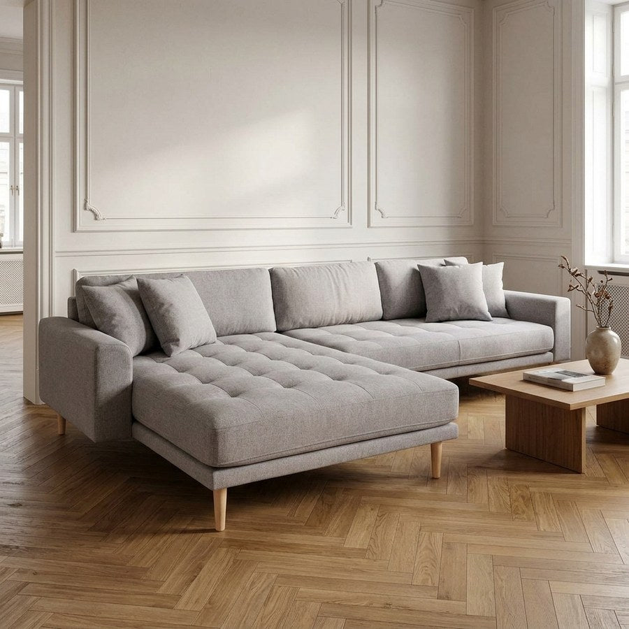 Lido Venstrevendt Loungesofa i Lysegrå Polyester med 4 Puder & Ben i Natur Træ fra House Nordic | B290xL170xH76 cm