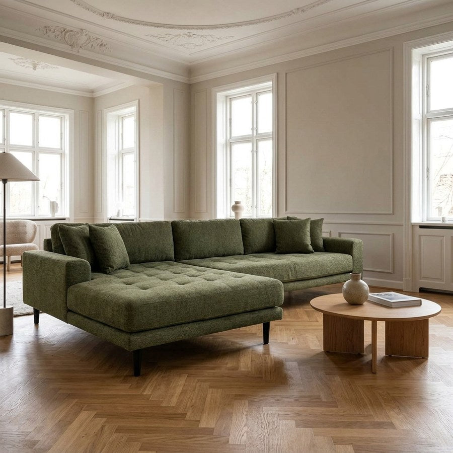 Lido Venstrevendt Loungesofa i Olivengrøn Polyester med 4 Puder & Ben i Sort Træ fra House Nordic | B290xL170xH76 cm