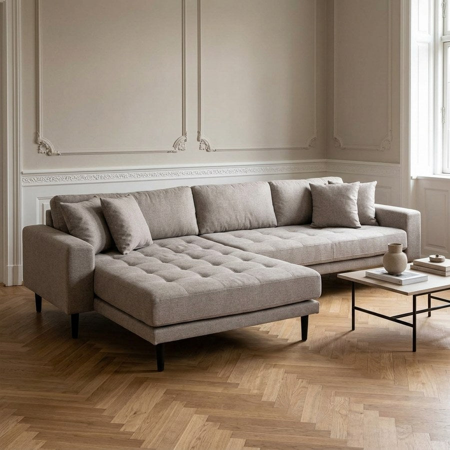 Lido Venstrevendt Loungesofa i Stone Polyester med 4 Puder & Ben i Sort Træ fra House Nordic | B290xL170xH76 cm