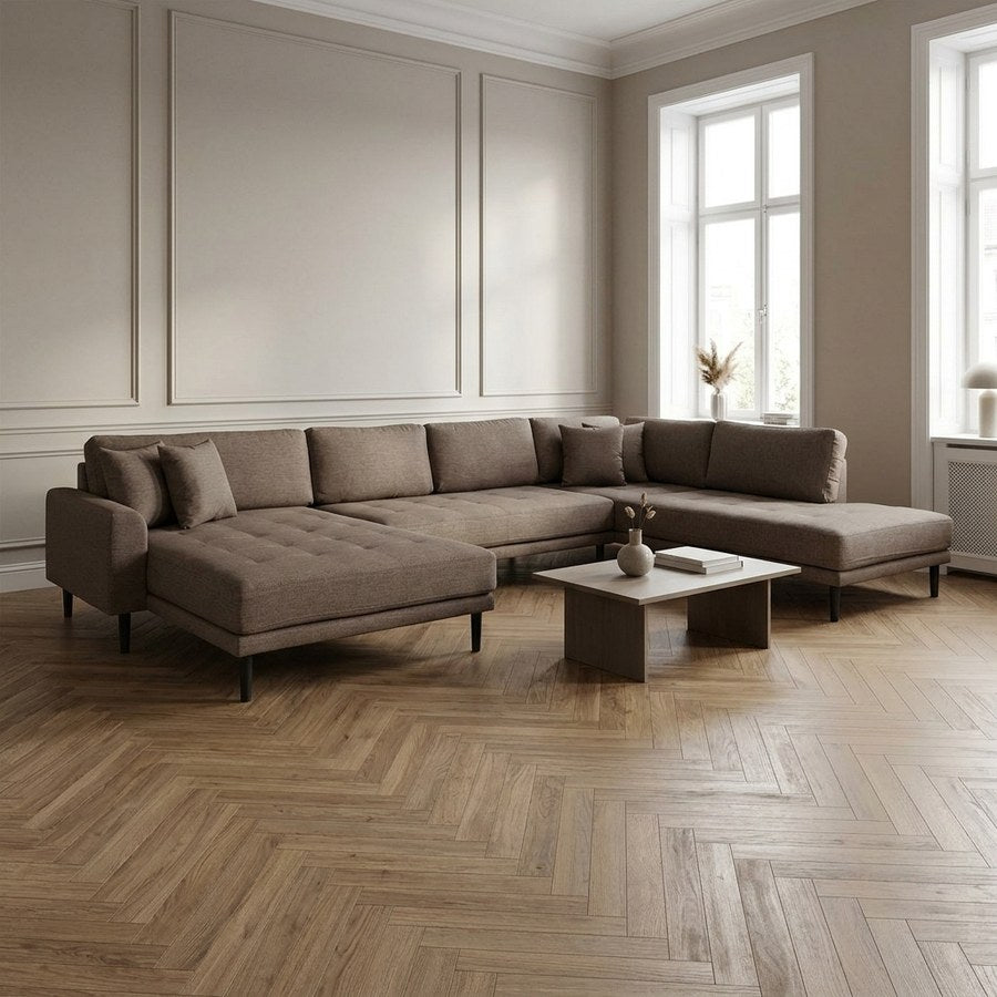 Lido Venstrevendt U-Sofa Åben Ende i Brun Polyester med 4 Puder & Ben i Sort Træ fra House Nordic | B370xL220xH76 cm