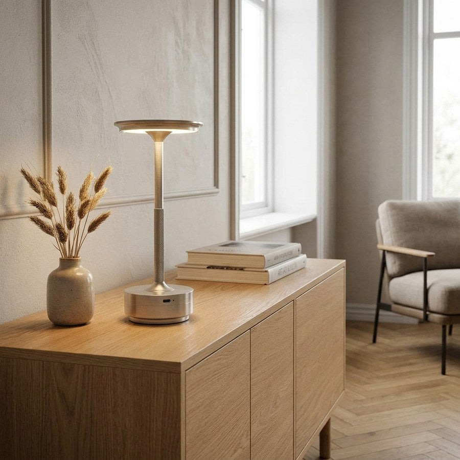 Lyneham Genopladelig Bordlampe i Sølv Aluminium fra House Nordic | Ø13xH28,5 cm