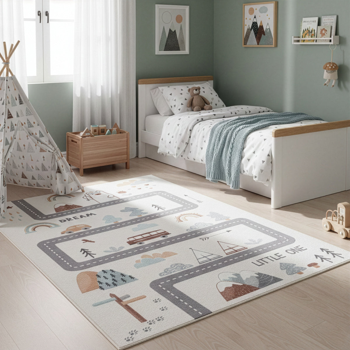 Malte Børnegulvtæppe i Creme med Bilvej – billede 1 fra Unique Beds, Home & Living