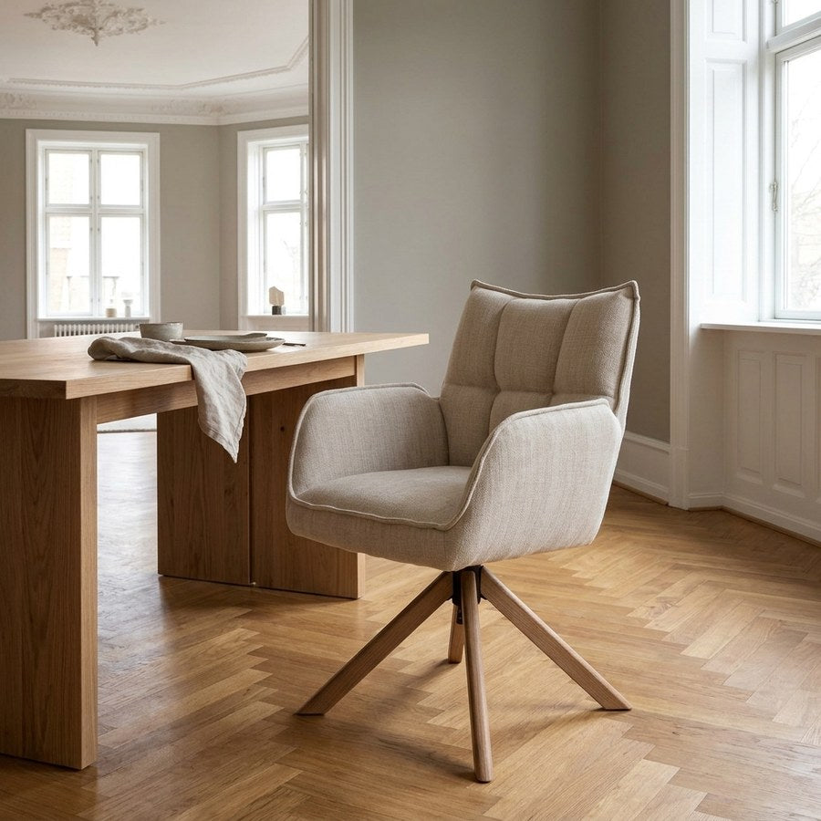 Marilla Spisebordsstol i Hørfarvet Stof med Armlæn & Ben i Natur Egetræ fra Unique Furniture | B59xD65xH86 cm