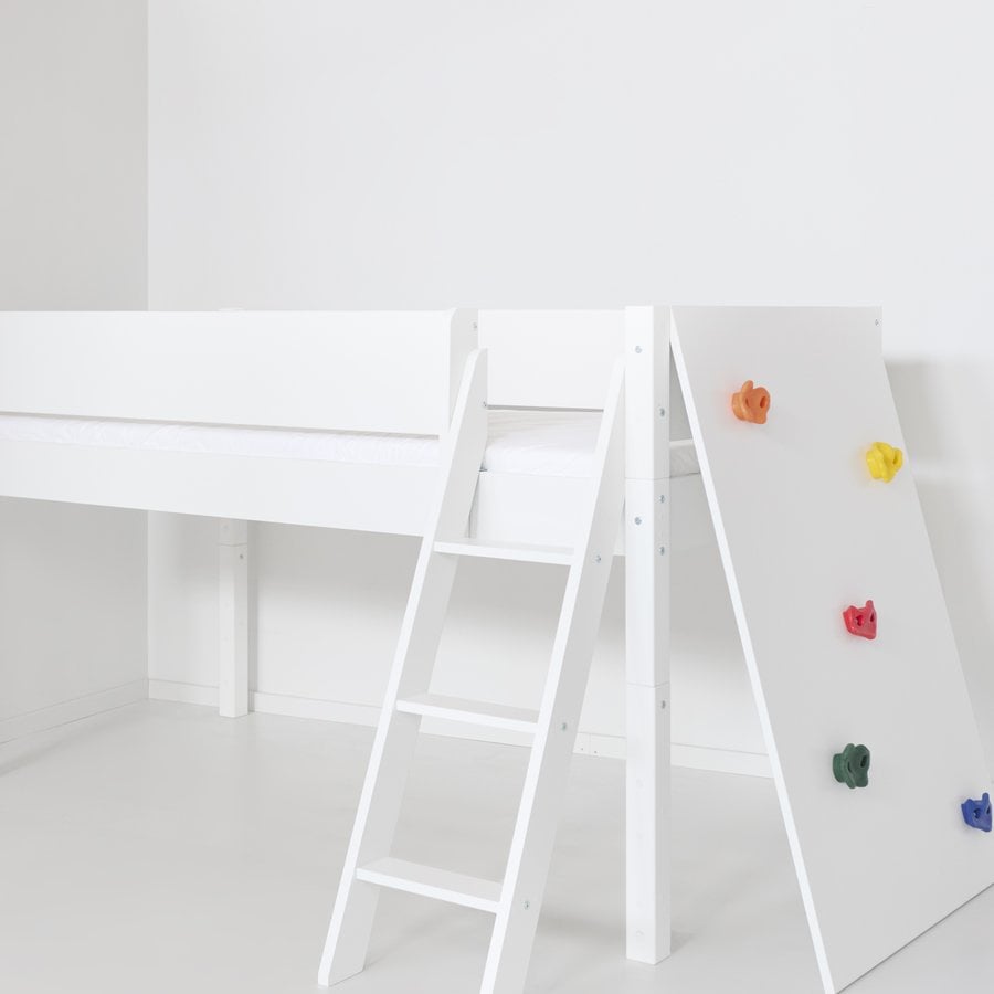 BORR Halvhøj Børneseng i Malet MDF & Bøgetræ med Lamelbund, Sengeheste, Klatrevæg & Vendbar Stige fra Manis-h | Flere Størrelser & Farver – fra Unique Beds, Home & Living