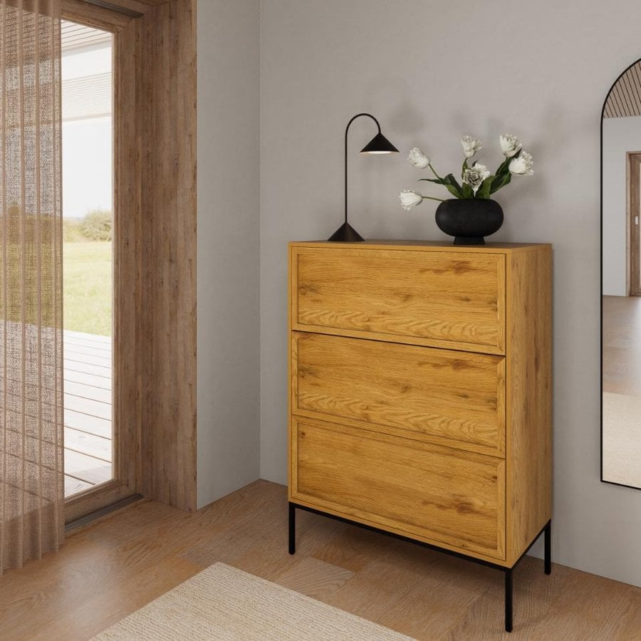 Palmdale Kommode i Mat Vild Eg Melamin med Skub For At Åbne Funktion & Stel i Mat Sort Stål fra Actona | BDH 80x40x110 cm - Billede 1