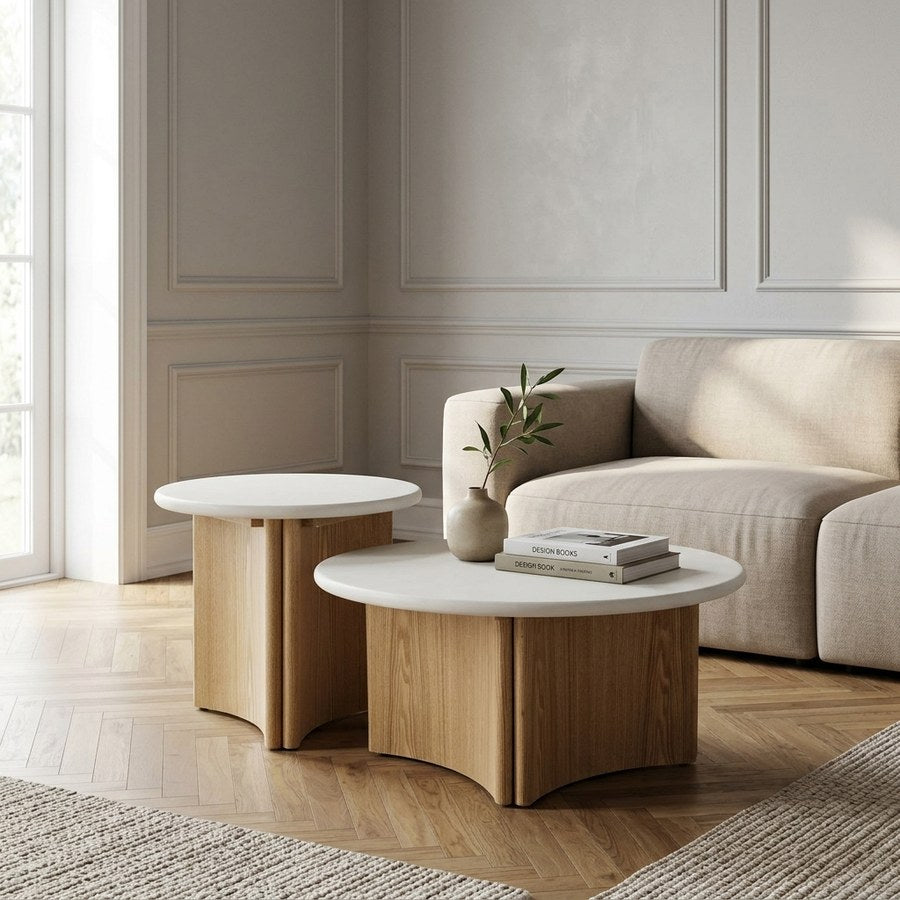 Motril Sofabordssæt i Hvid/Natur Cement & Asketræ fra House Nordic | 2 Borde