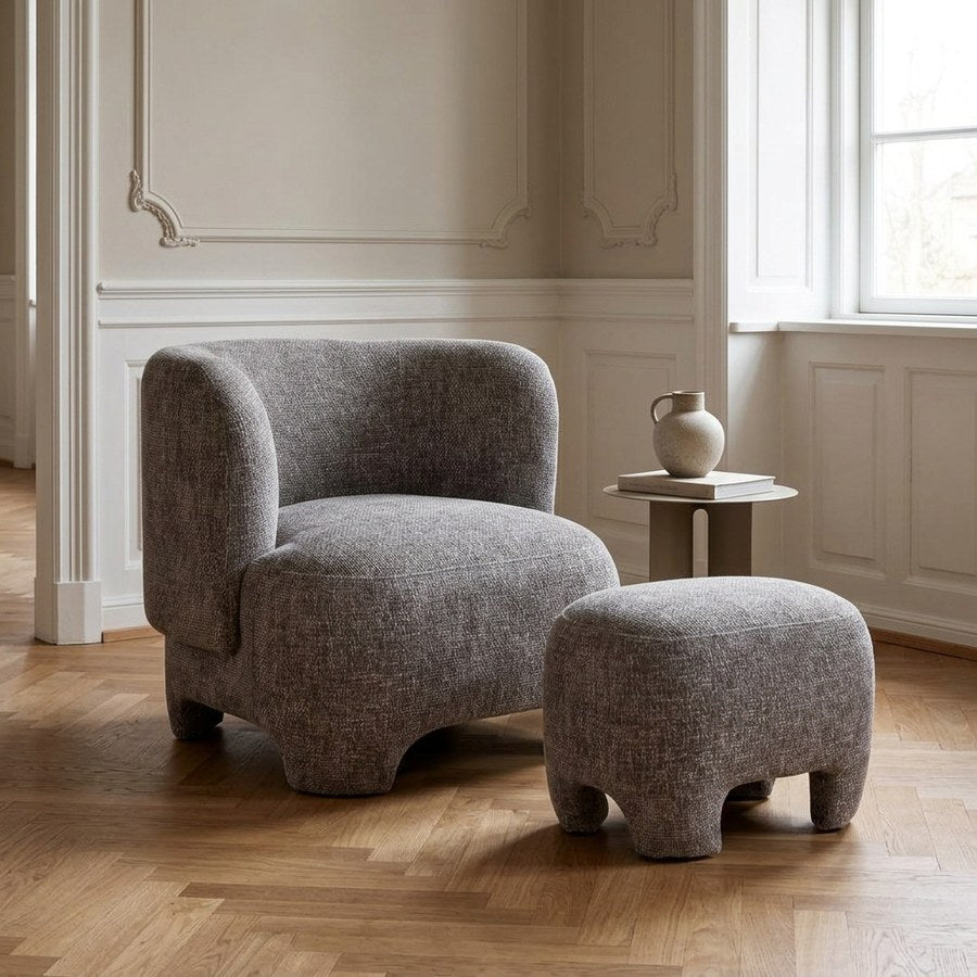 Nazare Loungestolsæt i Grå Polyester med Puf fra House Nordic | 1 Loungestol & 1 Puf