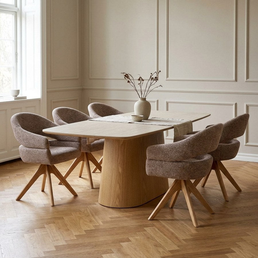 Noli Spisebordssæt med Dover Spisebordsstole i Natur/Stone/Brun Keramik & Polyester fra House Nordic | 6 Stole & 1 Bord