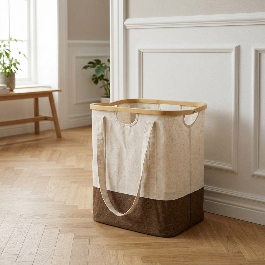 Noto Vasketøjspose i Off White/Brun Bambus & Polyester fra House Nordic | L40xB30xH45 cm