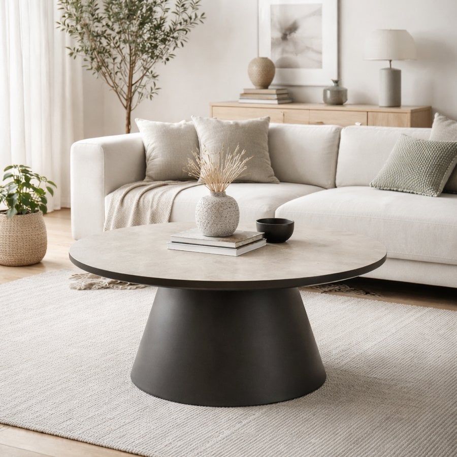 Paros Sofabord i Beige/Grå Marmorlook & Brunt Stel eller Grå Bordplade med Sort stel fra Lexpo Living | Ø80x39 cm