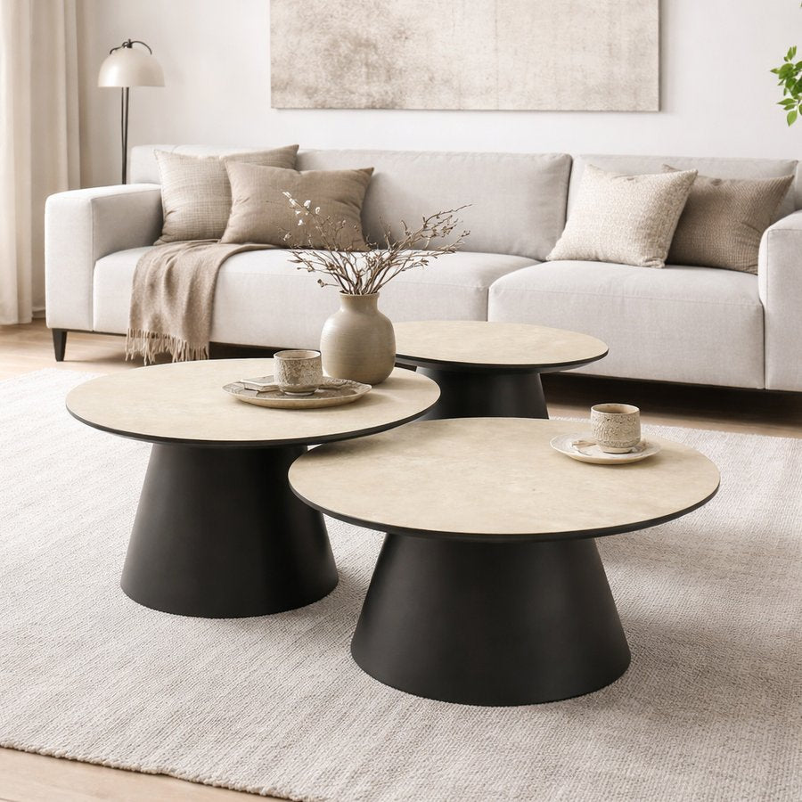 Paros Sofabord Sæt af 3 i Beige/Grå fra Lexpo Living | Ø50x50, Ø60x43, Ø80x38 cm
