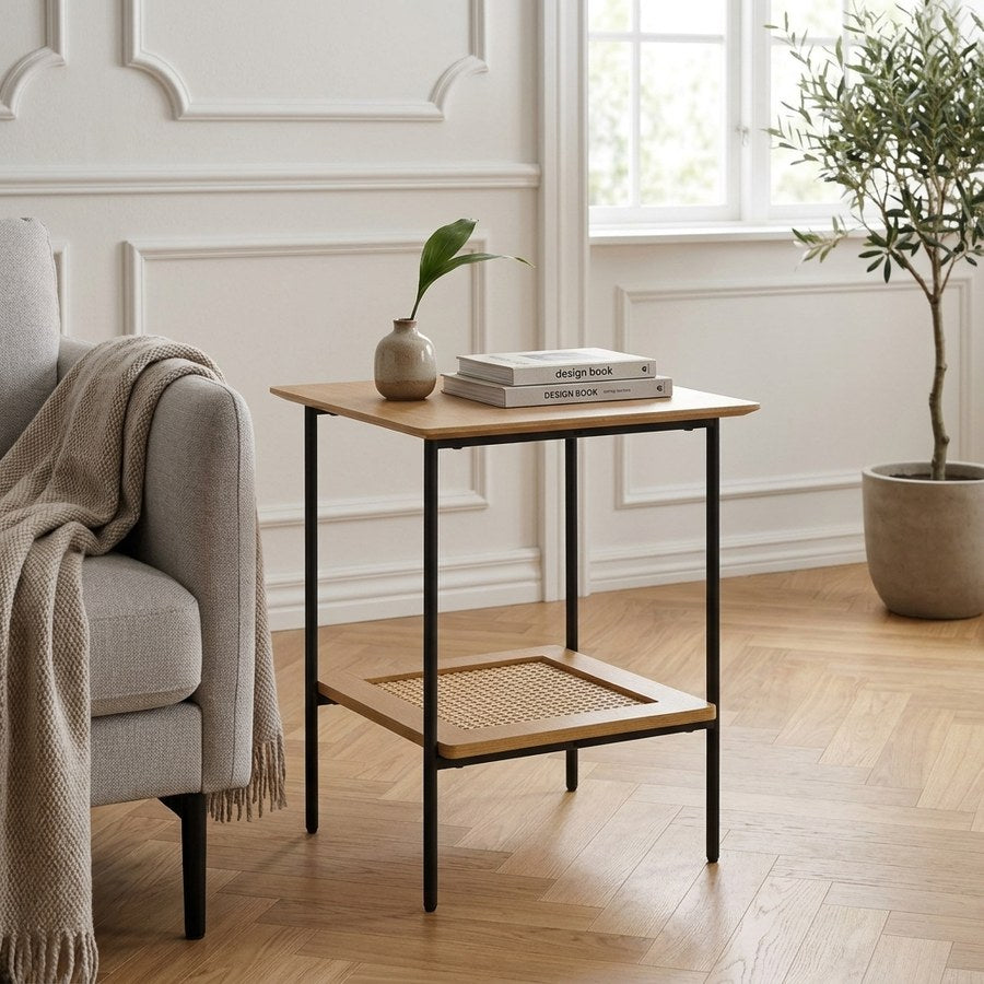 Pensacola Sidebord i Natur Egetræ & Poly Rattan & Stel i Sort Metal fra Unique Furniture | B45xD45xH55 cm