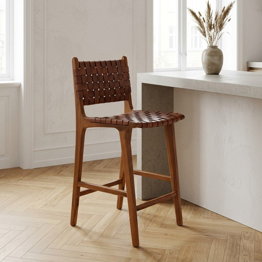 Perugia Counterstol i Brun Læder & Ben i Teaktræ fra House Nordic | B46xL45,5xH95 cm
