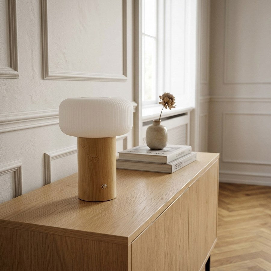 Stafford Genopladelig Bordlampe i Natur/Hvid Bambus, PE & Metal fra House Nordic | Ø13,5xH18 cm