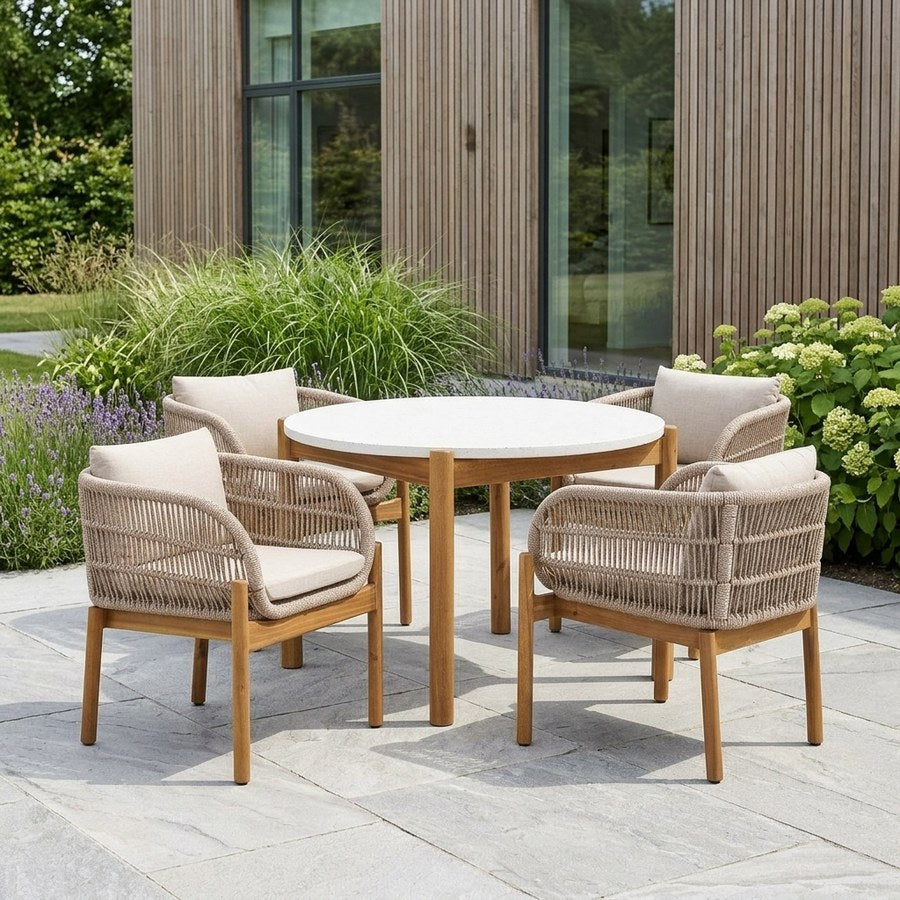 Terracina Havemøbelsæt med Terracina Spisebordsstole i Brun/Beige Akacie & Reb fra House Nordic | 4 Stole & 1 Bord