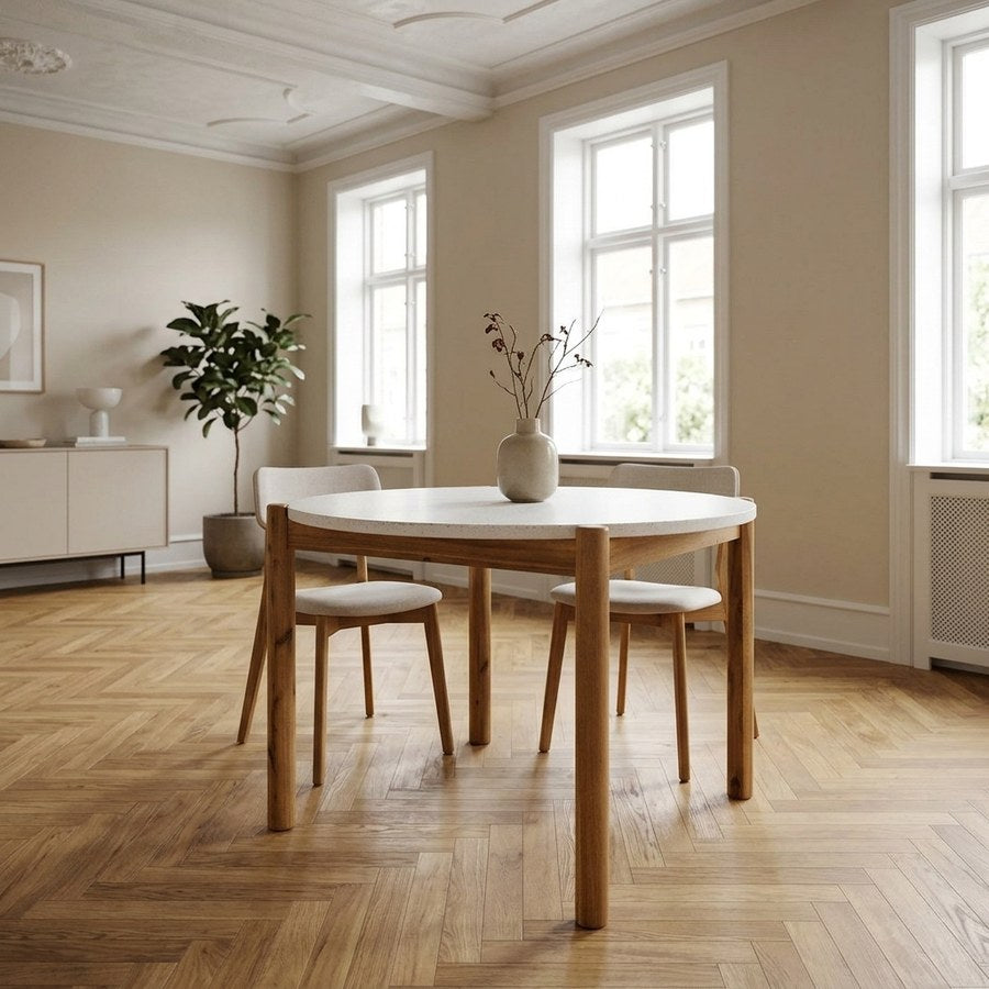Terracina Spisebord i Hvid Terrazzo & Ben i Natur Akacietræ fra House Nordic | Ø120xH76 cm