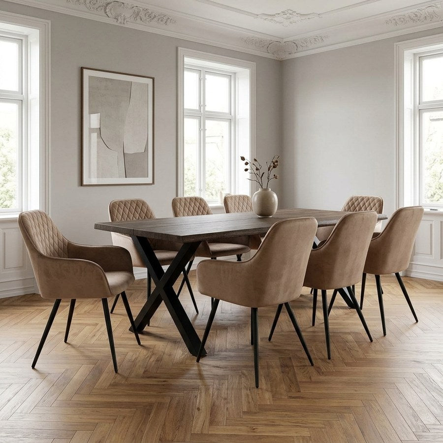 Toulon Spisebordssæt med Harbo Spisebordsstole i Natur Egetræ & Lysebrun Velour fra House Nordic | 6 Stole & 1 Bord