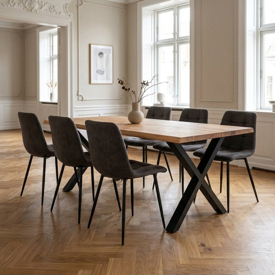 Toulon Spisebordssæt med Middelfart Spisebordsstole i Natur Egetræ & Grå Microfiber fra House Nordic | 6 Stole & 1 Bord