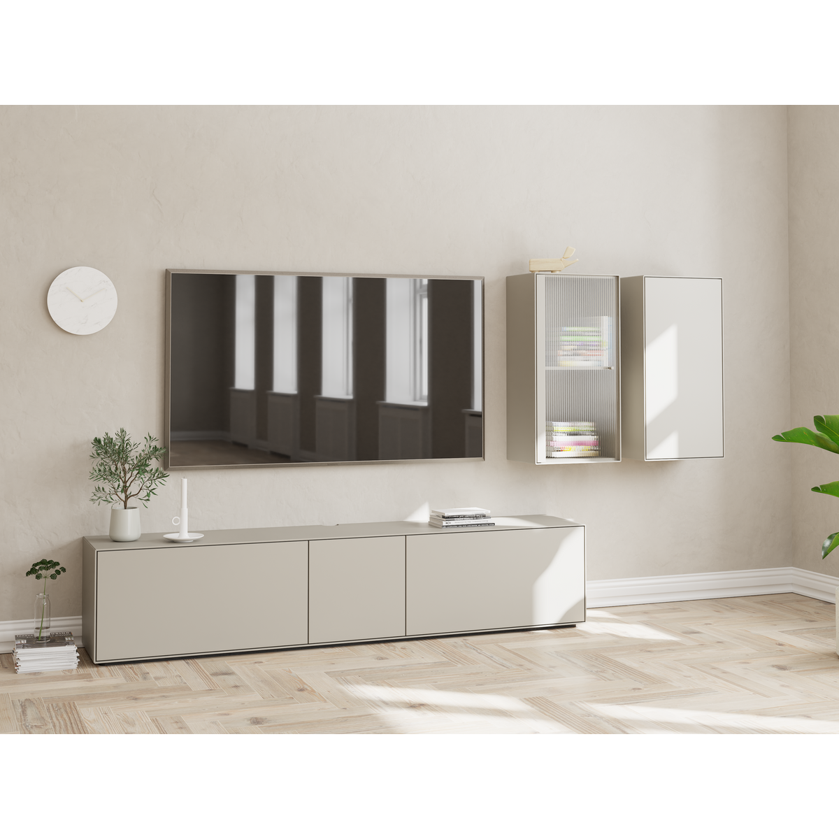 Micaceous light grey – TV-opstilling med TV-bord og 2 høje skabe – hel opstilling fra Edge by Hammel – fra Unique Beds, Home & Living