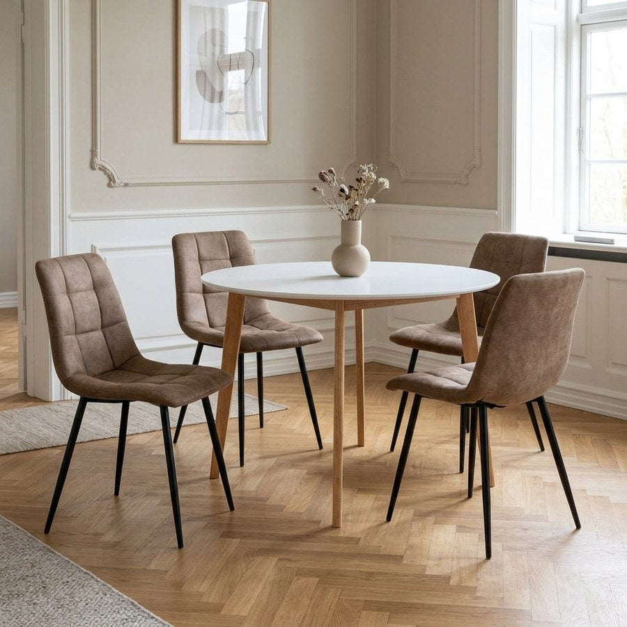 Vojens Spisebordssæt med Middelfart Spisebordsstole i Brun/Hvid MDF & Microfiber fra House Nordic | 4 Stole & 1 Bord