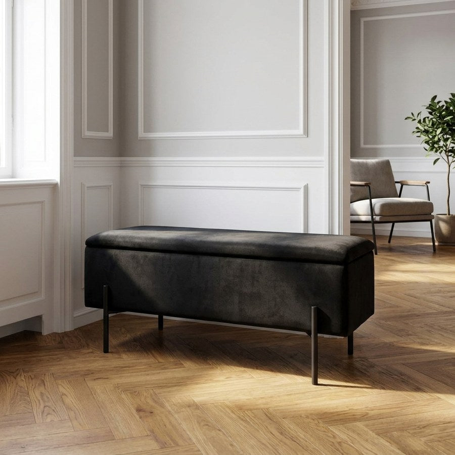 Watford Bænk i Sort Velour med Opbevaring & Ben i Sort Metal fra House Nordic | B95xL36,5xH43 cm