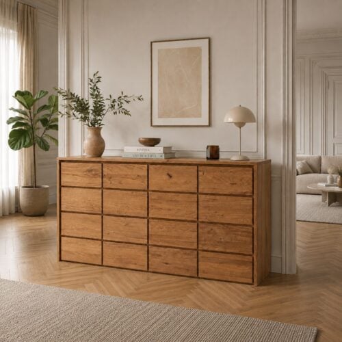 Heimdal Snedker Kommode/Skænk i Massiv FSC Egetræ med 4 Skuffer & 4 Låger og Naturolie fra Organic Sleep | H91 x B172 x D48 cm | Leveres Færdigsamlet