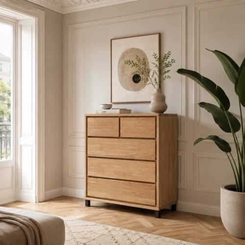 Heimdal Snedker Kommode/Skænk i Massiv FSC Egetræ med 2 Små og 3 Store Skuffer i Naturolie på Metalben fra Organic Sleep | B88 x H100 x D42 | Leveres Færdigsamlet