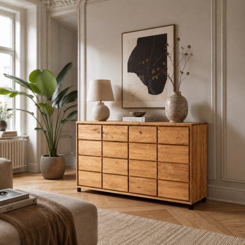 Heimdal Snedker Kommode/Skænk i Massiv FSC Egetræ med 4 Skuffer & 4 Låger med Naturolie på Metalfødder fra Organic Sleep | B172 x H100 x D48 | Leveres Færdigsamlet
