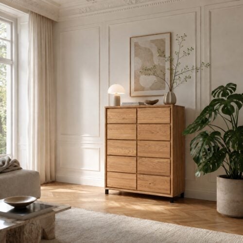 Heimdal Snedker Kommode/Skænk på Metalfødder i Massiv FSC Egetræ med 5 skuffer & 1 låge med Naturolie fra Organic Sleep | B88 x H122 x D42 cm | Leveres Færdigsamlet