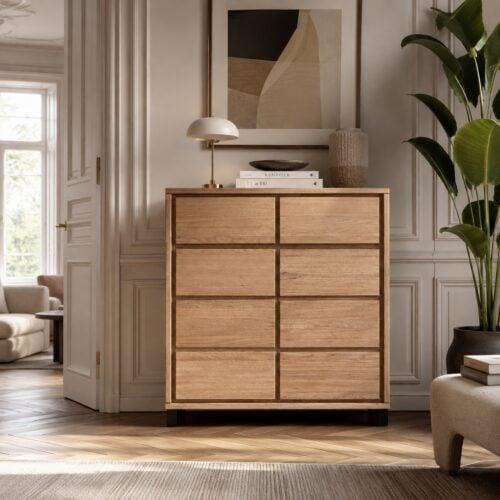 Heimdal Snedker Kommode i Massiv Egetræ med 2 låger & 2 skuffer i Naturolie på Sorte Metalben | H100 x B88 x D42 cm | Leveres Færdigsamlet