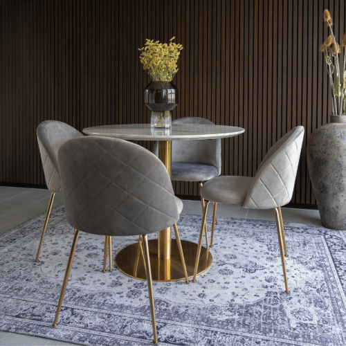 Bolzano Spisebord i Stål/MDF og 4 Geneve Spisebordsstole i Grå Velour Fra House Nordic
