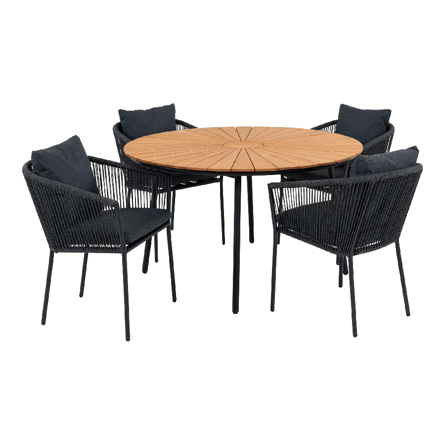 Cleveland Spisebord i Teak og 4 Salerno Spisebordsstole i Mørkegrå Polyester Fra House Nordic 1